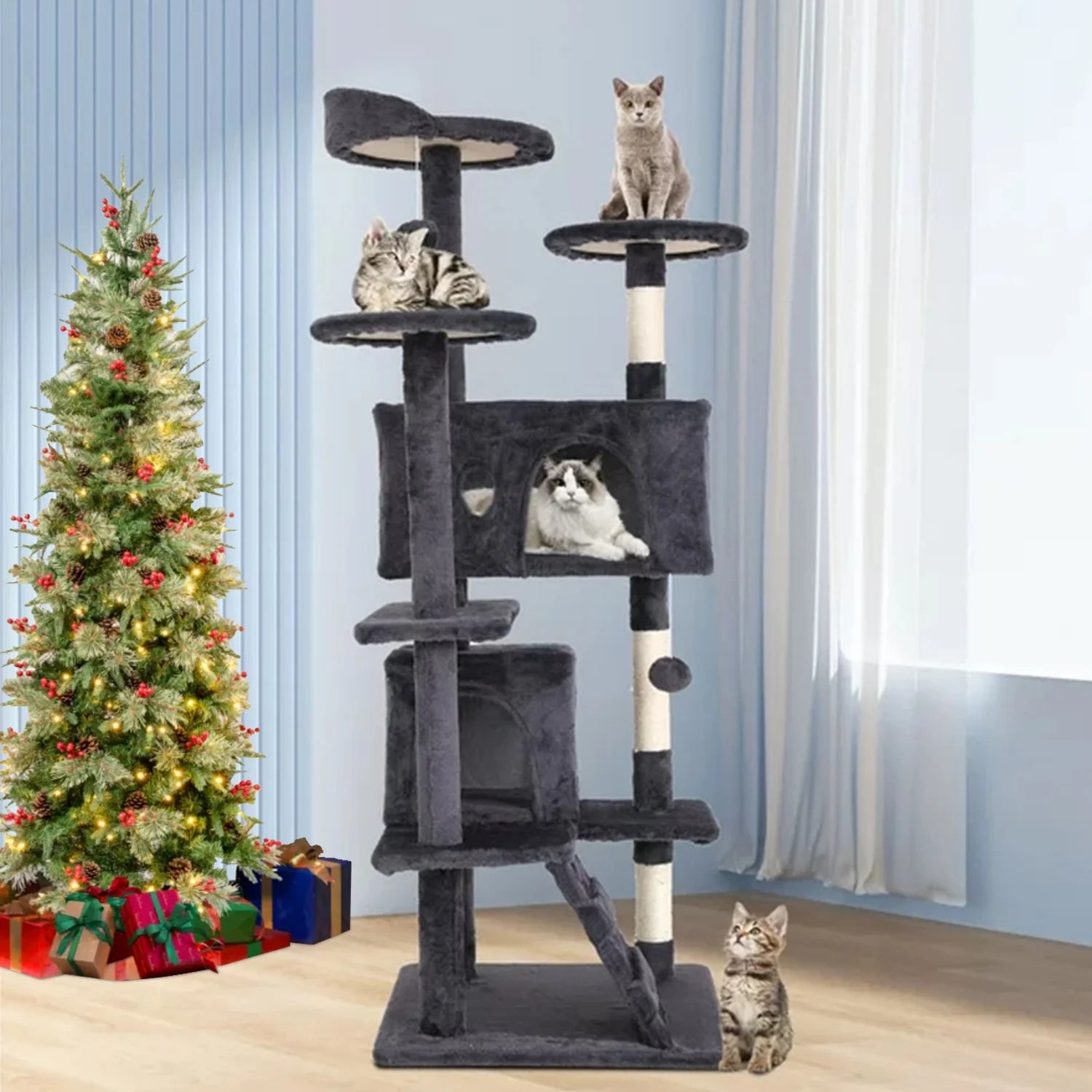 54-In Double Condo Cat Tree Tower Playhouse with Scratching Post & Perch for Indoor, Ashy