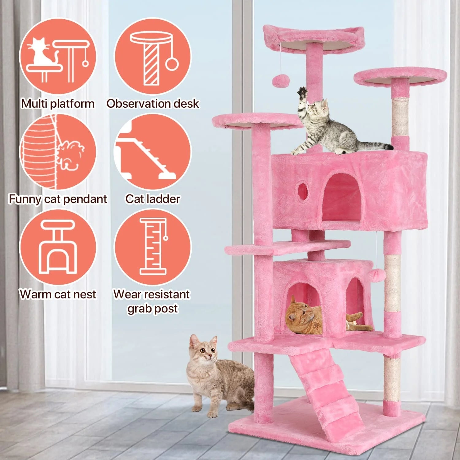 54-In Double Condo Cat Tree Tower Playhouse with Scratching Post & Perch for Indoor, Pink