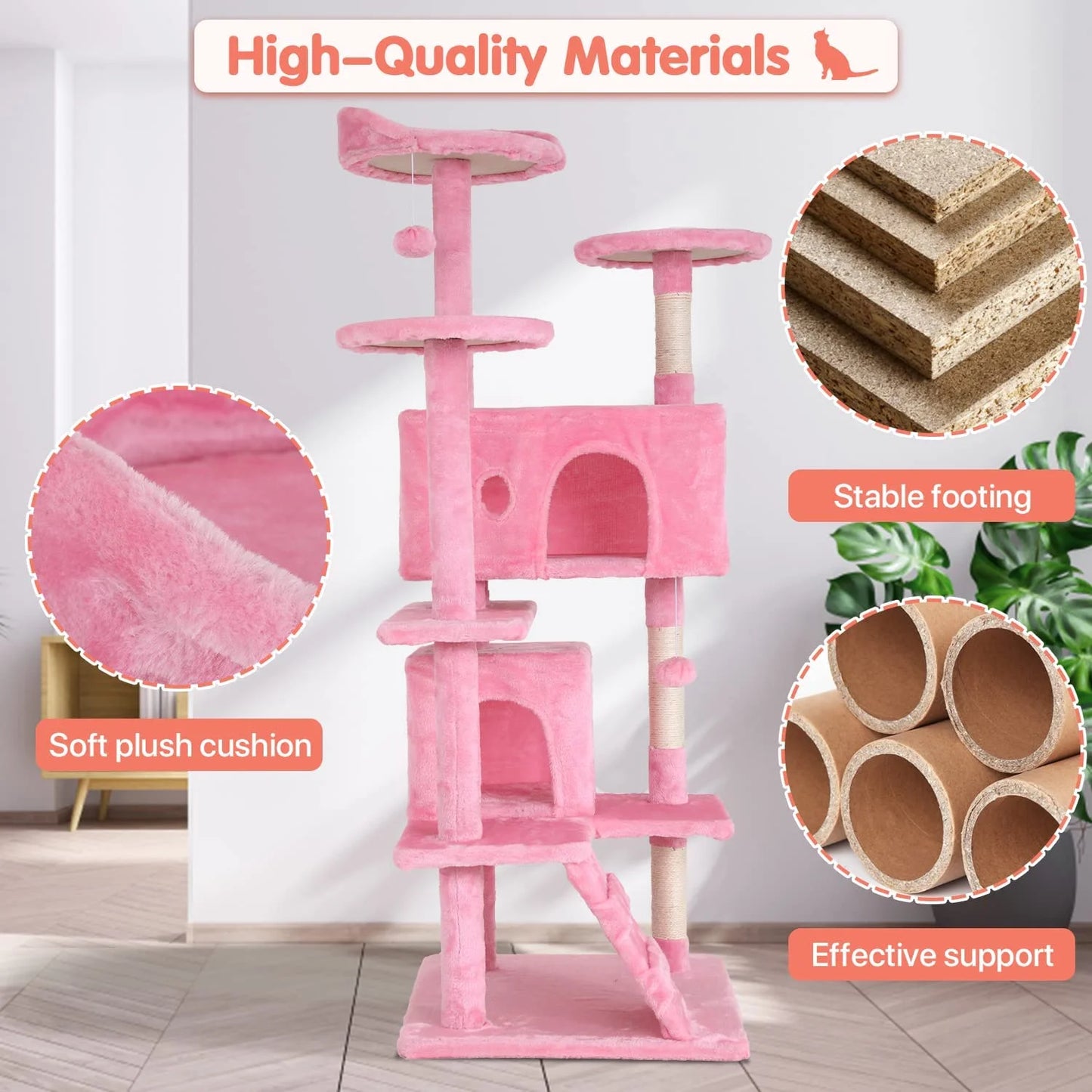 54-In Double Condo Cat Tree Tower Playhouse with Scratching Post & Perch for Indoor, Pink