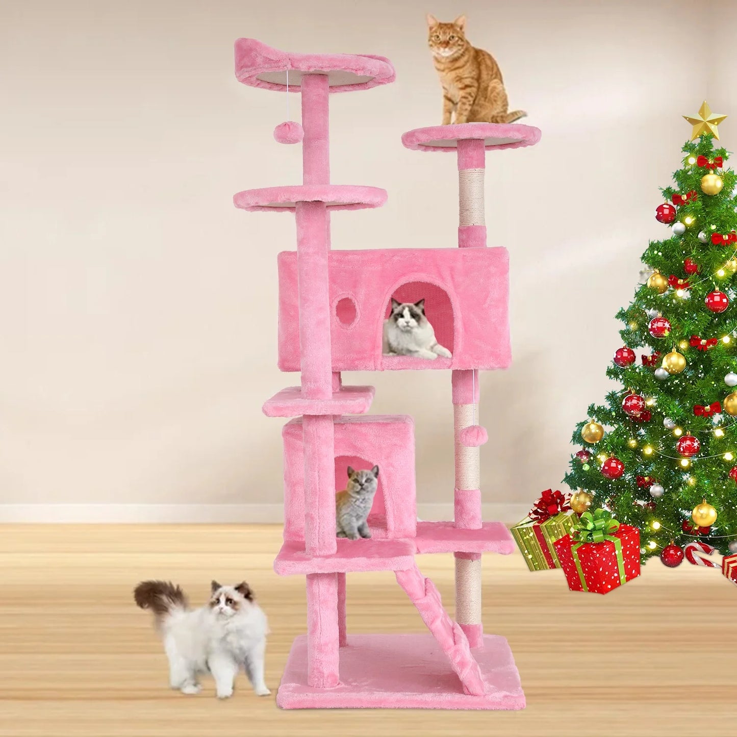 54-In Double Condo Cat Tree Tower Playhouse with Scratching Post & Perch for Indoor, Pink