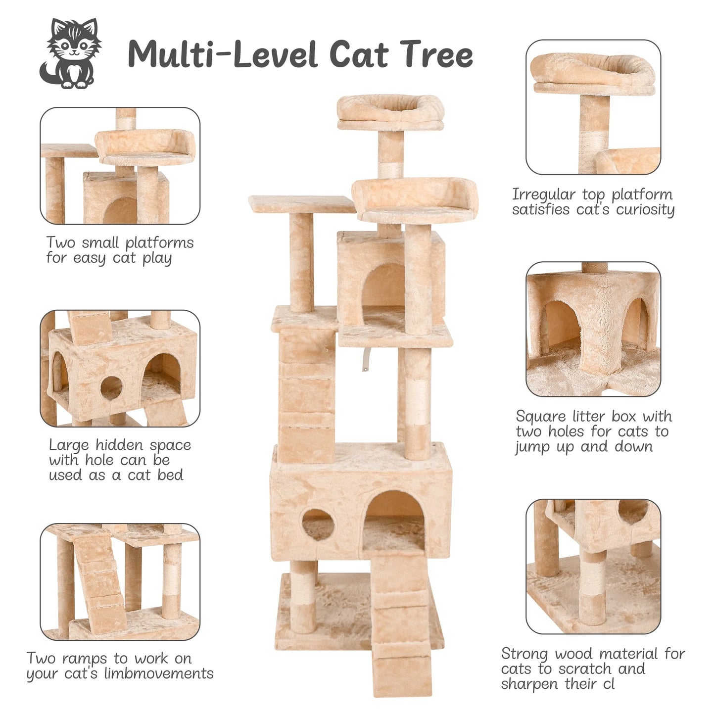 69" Cat Tree for Large Cats, Indoor Cat Tower for Cozy Plush Perches Multi-Level Cat Condo Play House, Beige