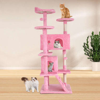 54-In Double Condo Cat Tree Tower Playhouse with Scratching Post & Perch for Indoor, Pink