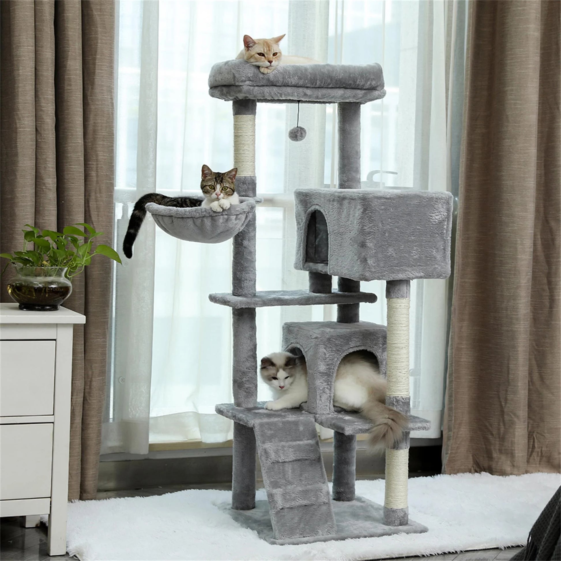 56" Multi-Level Cat Tree Tower House for Indoor Cats, Cat Condo Plush Perch with Scratching Posts, Gray