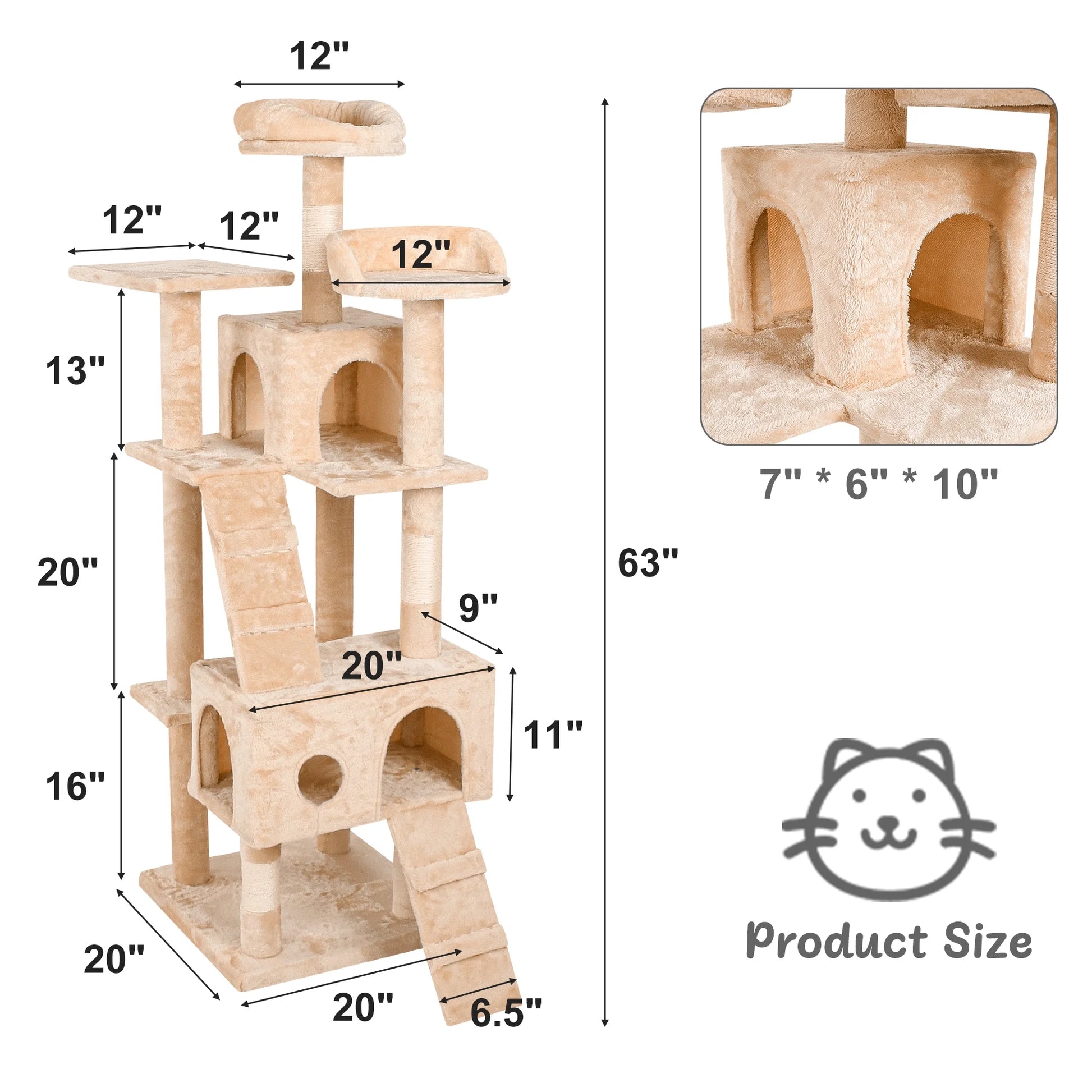 69" Cat Tree for Large Cats, Indoor Cat Tower for Cozy Plush Perches Multi-Level Cat Condo Play House, Beige