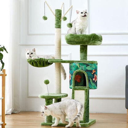 Cat Tree 53" Multi-Level Cat Tower Cat Condo for Indoor Cats, with Plush Perches, Sisal-Covered Scratching Posts, Cat Basket, Pet Play House(Green)