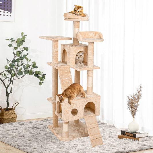 69" Cat Tree for Large Cats, Indoor Cat Tower for Cozy Plush Perches Multi-Level Cat Condo Play House, Beige