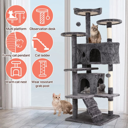 54-In Double Condo Cat Tree Tower Playhouse with Scratching Post & Perch for Indoor, Ashy