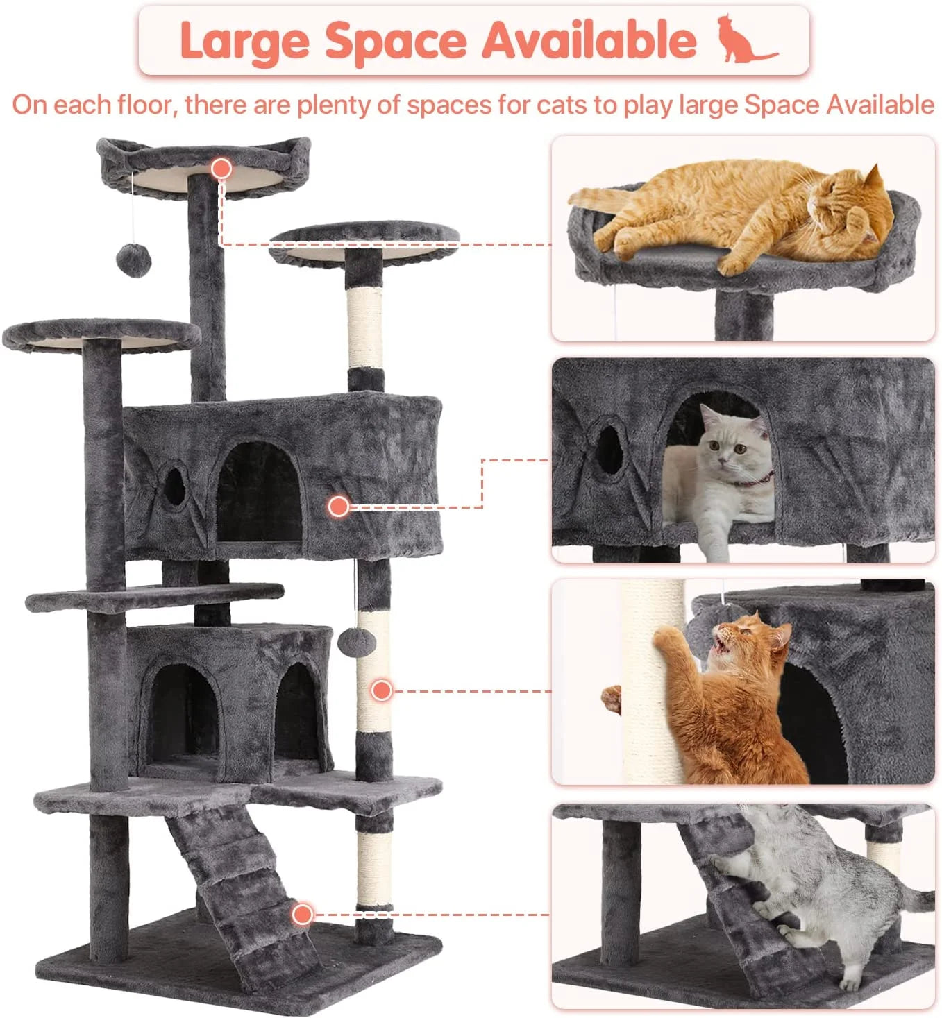 54-In Double Condo Cat Tree Tower Playhouse with Scratching Post & Perch for Indoor, Ashy