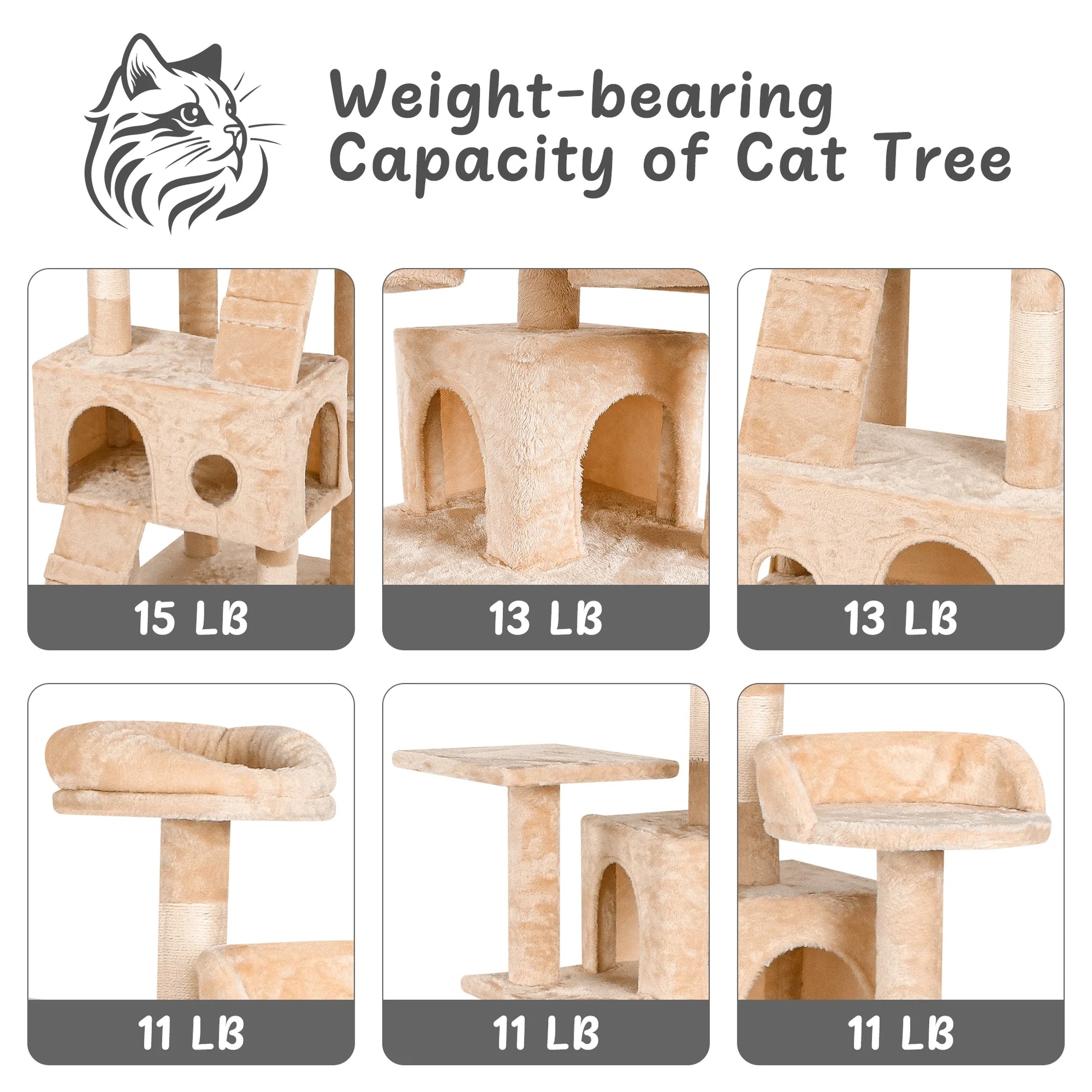 69" Cat Tree for Large Cats, Indoor Cat Tower for Cozy Plush Perches Multi-Level Cat Condo Play House, Beige