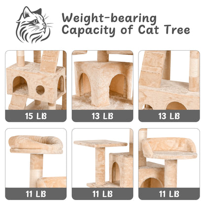 69" Cat Tree for Large Cats, Indoor Cat Tower for Cozy Plush Perches Multi-Level Cat Condo Play House, Beige