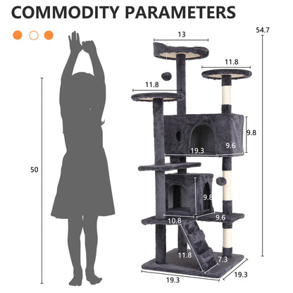 54-In Double Condo Cat Tree Tower Playhouse with Scratching Post & Perch for Indoor, Ashy